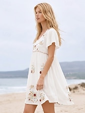 baratos Vestido com Bordado Artesanal-Vestido curto branco bordado feminino, vestido de verão branco, vestido evasê, festa casual boho, praia, festa ao ar livre, floral, manga curta, gola redonda, verão, primavera, outono, inverno