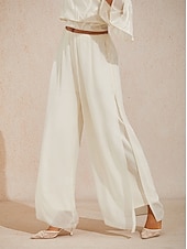  Women's Wide Leg Straight-Leg Trousers Chiffon Elegant Ankle-Length Mid Waist Elastic Waistband Stretchy Casual Daily Holiday Apricot Summer Spring Fall