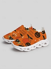  oransje Halloween slip-on strikkede sneakers til dame, lette tursko med gresskartrykk og pustende, polstret såle for kostymefester og turer på landet. &hverdagsbruk