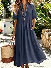  Women's Midi Dress Sundress A Line Dress Summer Dress Vacation Casual Boho Daily Holiday Summer Dress Plain Short Sleeve V Neck Blue Navy Yellow Fuchsia Summer Spring