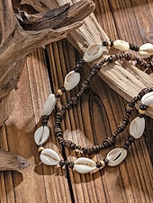 abordables Bijoux pour hommes-Collier bohème de plage pour homme, à plusieurs rangs, perles de bois &amp;Collier double rang de coquillages, idéal pour les vacances d'été, les séjours en station balnéaire, les festivals, les voyages
