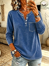  Γυναικεία 100% Bumbac Πουκάμισο Henley Συμπαγές Χρώμα Βίντατζ Μοντέρνα Στυλάτο Μακρυμάνικο Στρογγυλή Ψηλή Λαιμόκοψη Μακριές μπλούζες Causal Παραλία Θαλασσί Βυσσινί Πορτοκαλί Άνοιξη Φθινόπωρο Χειμώνας
