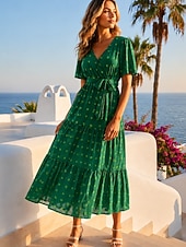  Mulheres Vestido midi Vestido A Line Casual Praia Normal Tecido Manga Curta Decote V Vermelho Verde Verão Primavera