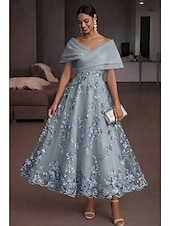 abordables Vestidos de cóctel-Corte A Hasta el Tobillo Vestidos de coctel Elegante Vintage Floral Manga Corta Hombros Caídos Fiesta de jardin Boda Organdí Tul Espalda desnuda con Estampado flor Flor bordada Plisado