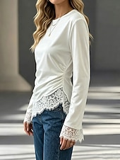  Mulheres Blusa de cetim Tops de renda Guarnição do laço Côr Sólida Elegante Manga Longa Gola Redonda Tops regulares Casual Branco Verão Primavera Outono