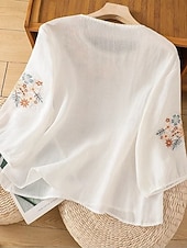  Blusa Bordada Feminina Floral Estilosa Casual Manga 3/4 Gola Redonda Tops Regulares Dia a Dia Branca Rosa Cinza Verão Primavera