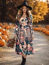  Halloween Γυναικεία Μίντι φόρεμα Φόρεμα σε γραμμή Α Διακοπές Καθημερινό Κανονικό Γραφική Νεκροκεφαλές Μακρυμάνικο Λαιμόκοψη V Ανθισμένο Ροζ Χακί Φθινόπωρο Χειμώνας