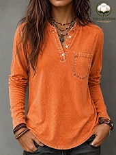  Women's 100% Cotton Henley Shirt Solid Color Vintage Fashion Stylish Long Sleeve Crew Neck Long Tops Casual Beach Blue Purple Orange Spring Fall Winter