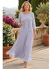 preiswerte Mamas Kleidersets-Zweiteilig A-Linie Bodenlang Kleid für Hochzeitsgäste Brautmutterkleid Dreiviertelarm U-Boot-Ausschnitt Elegant Einfach Minimalistisch Formell Hochzeitsgast Chiffon mit Spitze
