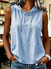  canotta da donna senza maniche con cappuccio, coulisse sul cappuccio, doppie tasche frontali, orlo curvo, vestibilità morbida e ampia, gilet sportivo estivo casual