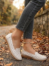 cheap Women's Flats-Women's Pink Floral Perforated Slip-On Shoes, Breathable Hollow Cutout Flat Shoes with Scalloped Edge, Soft Cushioned Insole &amp; Flexible Anti-Slip Sole for Countryside Strolls, Shopping &amp; Daily Leisure
