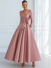  Linha A Longo Vestidos de noite Vestido de Baile Vestido formal Elegante Sedoso Manga 3/4 Decote V Casamento Formal Bolsos Cetim Elástico com Laço(s)