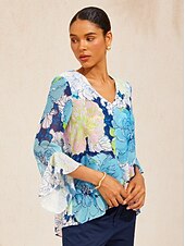 billige Blomstrete bluser-pastellvasket peonfarget flagrende chiffonbluse