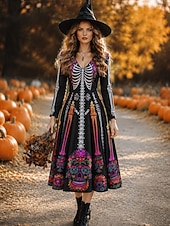  Halloween Γυναικεία Μίντι φόρεμα Φόρεμα σε γραμμή Α Διακοπές Καθημερινό Κανονικό Γραφική Νεκροκεφαλές Μακρυμάνικο Λαιμόκοψη V Μαύρο Ρουμπίνι Φθινόπωρο Χειμώνας
