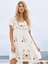 baratos Vestido com Bordado Artesanal-Vestido curto branco bordado feminino, vestido de verão branco, vestido evasê, festa casual boho, praia, festa ao ar livre, floral, manga curta, gola redonda, verão, primavera, outono, inverno
