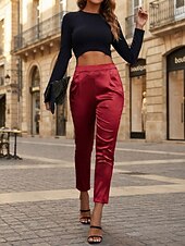 baratos Calças de perna reta-Mulheres Calças de cetim Perna larga Calças cônicas chinês Elegante Roupa de rua Casual Comprimento total Cintura Média Tecido Bolsos Cintura elástica Confortável Sem Elasticidade Micro-Elástica Ao