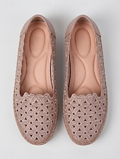 cheap Women's Flats-Women's Pink Floral Perforated Slip-On Shoes, Breathable Hollow Cutout Flat Shoes with Scalloped Edge, Soft Cushioned Insole &amp; Flexible Anti-Slip Sole for Countryside Strolls, Shopping &amp; Daily Leisure