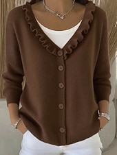 economico Cardigan Pieno-Cardigan da donna con scollo a V e volant, abbottonatura frontale - maglione casual in morbida maglia