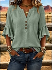 economico Bluse Semplici-Per donna Camicie effetto lino Blusa Camicia di cotone Volant Bottoni Tinta unica Quotidiano Elegante Casual Manica 3/4 Scollo a V Top corti Casuale Quotidiano Blu Giallo Rosa Verde Beige Estate
