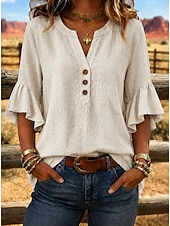 economico Bluse Semplici-Per donna Camicie effetto lino Blusa Camicia di cotone Volant Bottoni Tinta unica Quotidiano Elegante Casual Manica 3/4 Scollo a V Top corti Casuale Quotidiano Blu Giallo Rosa Verde Beige Estate