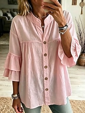  Mulheres Blusa Frufru Tecido à moda Casual Sem Manga Colarinho Chinês Tops regulares Casual Diário Branco Amarelo Rosa Verde Verão Primavera