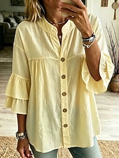  Mulheres Blusa Frufru Tecido à moda Casual Sem Manga Colarinho Chinês Tops regulares Casual Diário Branco Amarelo Rosa Verde Verão Primavera