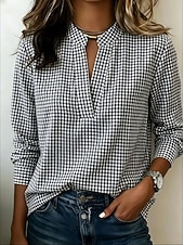  Schwarze und weiße Damenbluse mit Mini-Gingham-Karo, Stehkragen, halber Knopfleiste, langen Ärmeln und lockerem Schnitt für Freizeit und Beruf