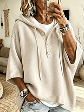  Felpa da donna con cappuccio e mezza abbottonatura, maniche a 3/4, maglione casual in maglia con coulisse