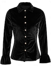  Mulheres Veludo camisa de botão Camisa casual Frufru Patchwork Botões Côr Sólida Vintage Manga Longa Colarinho de Camisa Casual Preto Rosa Vermelho Azul Marinha Verde Outono Inverno