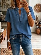  Women's Shirt Demin-look Washed Cotton Boho Shirt Lace Patchwork Denim Solid Color Plain Vintage Western Casual Short Sleeve Square Neck Regular Tops Casual Daily Holiday Blue Light Blue