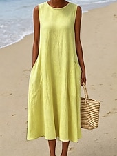 rochie midi pentru femei buzunare fără mâneci siluetă în formă de linie casual decolteu rotund alb de vară versatil potrivire regulată îmbrăcăminte confortabilă, ușoară, respirabilă