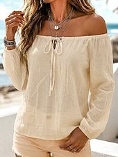  Dames Normaal shirt Geknoopt Effen Kleur Vintage Lange mouw Schouderafhangend Casual Wit Zwart Abrikoos Zomer Lente