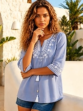 baratos Tops com bordado artesanal-Blusa Bordada Feminina Floral Estilosa Casual Manga 3/4 Gola Redonda Tops Regulares Dia a Dia Azul Verão Primavera