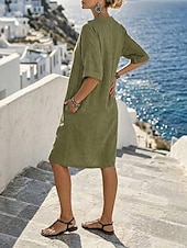  Per donna Abito al ginocchio 100% cotone Vintage Quotidiano Vacanza Vestibilità comoda Semplice Mezza Manica Scollo a V Nero Verde Verde militare Estate Primavera