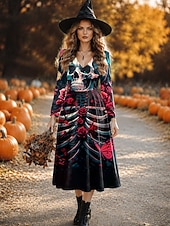  Halloween Γυναικεία Μίντι φόρεμα Φόρεμα σε γραμμή Α Διακοπές Καθημερινό Κανονικό Γραφική Νεκροκεφαλές Μακρυμάνικο Λαιμόκοψη V Μαύρο Βυσσινί Φθινόπωρο Χειμώνας