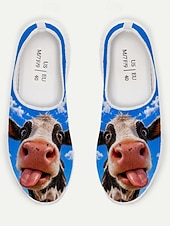  Witte instapschoenen voor heren met koeiengezichtprint en een ademend bovenwerk van honingraatvormig mesh. &Lichtgewicht EVA-buitenzool, casual sneakers voor dagelijkse wandelingen, strand en vissen.