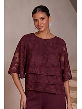  Mulheres Blusas Gola Redonda Meia Manga Mangas Evasê Casual Diário Mãe da noiva Convidado do casamento com Esgotamento Floral Bainha com babados em camadas Vinho