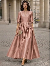abordables Vestidos de cóctel-Corte A Hasta el Tobillo Vestidos de coctel Elegante Diario Media Manga Escote en Pico Boda Formal Tafetán Tejido elástico con Plisado