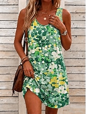 Χαμηλού Κόστους Floral φορέματα-Γυναικεία Μίνι φόρεμα Φόρεμα για τον ήλιο Φόρεμα σε γραμμή Α Καλοκαιρινό φόρεμα Διακοπές Καθημερινό Μπόχο Παραλία Πάρτι Γάμου Λεπτό Φλοράλ Γραφική Δετοβαμένο Αμάνικο Λαιμόκοψη U