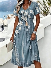  Women's Midi Dress T Shirt Dress Tee Dress A Line Dress Vacation Casual Boho Beach Regular Fit Floral Graphic Short Sleeve V Neck Blue Pink Purple Gray Summer Spring