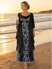  Linha A Até o Tornozelo Vestido de renda Vestido Para Mãe dos Noivos Manga Longa Scoop pescoço Elegante Vintage Formal Convidado do casamento Festa de Casamento Chiffon Renda com Fru-Fru Bordado