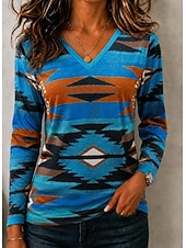  Women's T Shirt Print Graphic Vintage Vintage Casual Boho Long Sleeve V Neck Regular Tops Casual Daily Blue Dark Brown Light Brown Spring Fall Winter