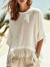  Women's Blouse Fringe Plain Stylish Casual Half Sleeve Crew Neck Regular Tops Casual Daily Blue White Green Summer Spring
