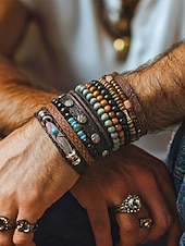 preiswerte Herrenschmuck-Boho-Armbandset für Herren, 11-teiliges Set aus stapelbaren Armbändern aus Holzperlen, Legierung und Leder, lässiger Sommerschmuck für Strandurlaub, Reisen, Festivals, Partys und den Alltag