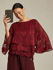  Women's Lace Shirt Blouse Dressy Tops Chiffon Tops Asymmetric Hem Solid Color Floral Elegant Stylish Casual Half Sleeve Flutter Sleeve Boat Neck Regular Tops Daily Work Wedding Guest Wine Summer