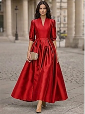 abordables Vestidos de cóctel-Corte A Hasta el Tobillo Vestidos de coctel Elegante Diario Media Manga Escote en Pico Boda Formal Tafetán Tejido elástico con Plisado
