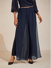  Women's Culottes Wide Leg Straight-Leg Trousers Elegant Stylish Classic Style Full Length Medium Waist Solid Color Elastic Waist Stretchy Office Vacation Party Navy Blue Spring, Fall, Winter, Summer