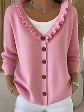 economico Cardigan Pieno-Cardigan da donna con scollo a V e volant, abbottonatura frontale - maglione casual in morbida maglia