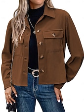  Women's Shirt Jacket Corduroy Jacket Casual Jacket Lightweight Pocket Buttons Fashion Casual Short Lapel Regular Fit Long Sleeve Outerwear dark brown claret turmeric Spring Fall