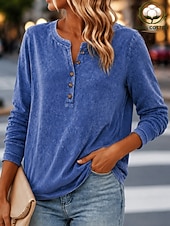  Damskie Koszula Henley Mycie kwasem Pranie w stylu vintage Graficzny Równina Zabytkowe Moda Elegancki Bez rękawów Krótki rękaw Długi rękaw Henley Zwykłe topy Codzienny Plaża Niebieski Rumiany r
